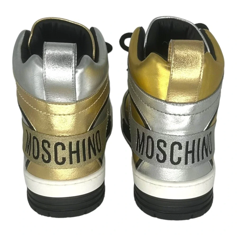 Moschino High Top Sneakers Gold Silver Metallic Leather Made in Italy Size 38